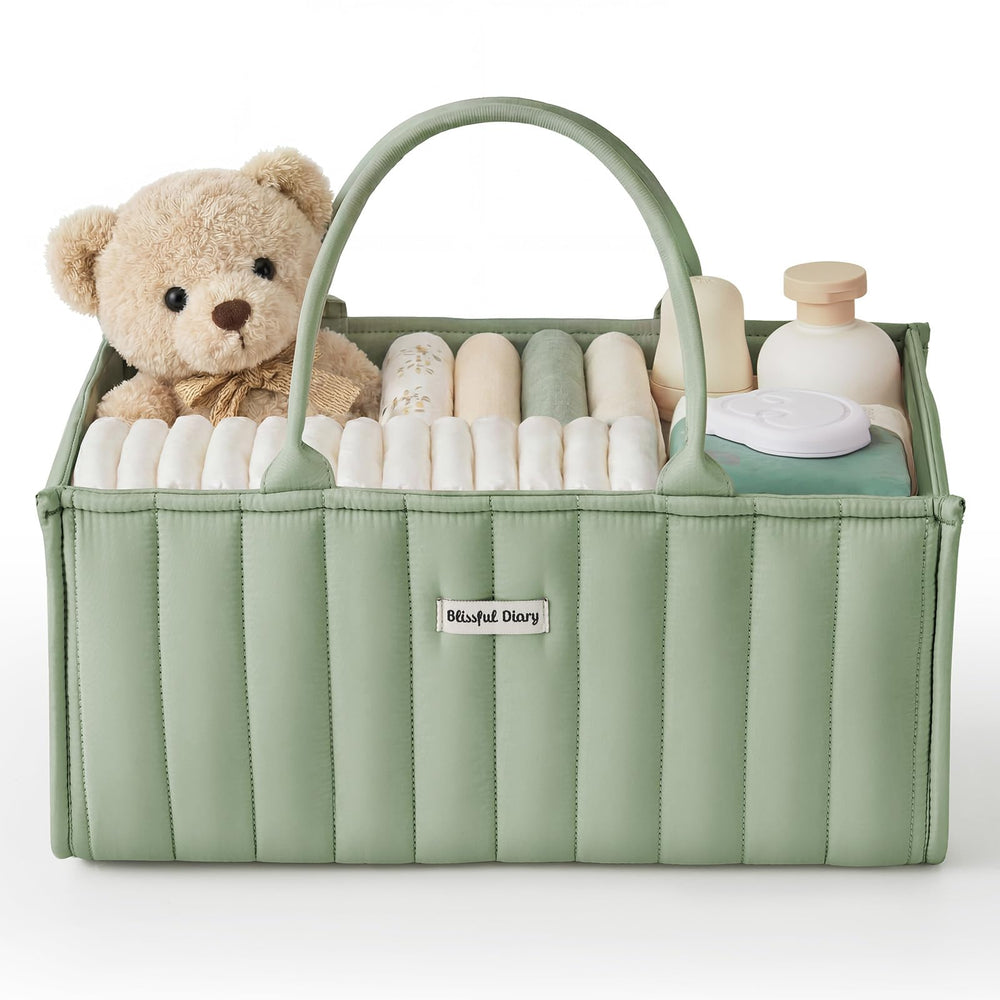 Blissful Diary caddy frontal en verde salvia mostrando diseño y beneficio de orden