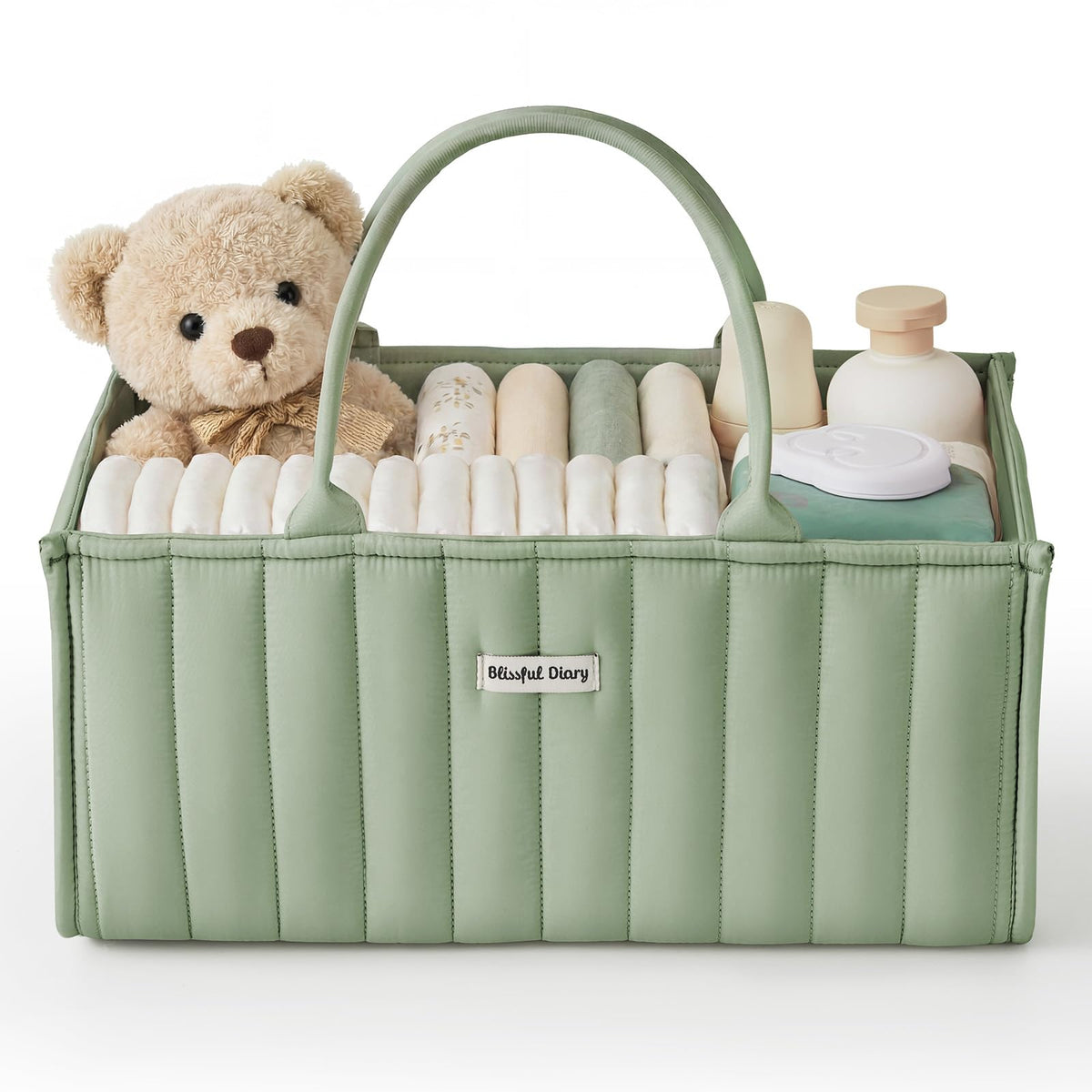 Blissful Diary caddy frontal en verde salvia mostrando diseño y beneficio de orden