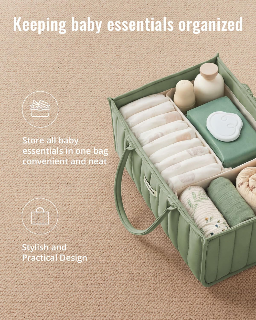Blissful Diary interior con divisores para organizar pañales y accesorios rápidamente