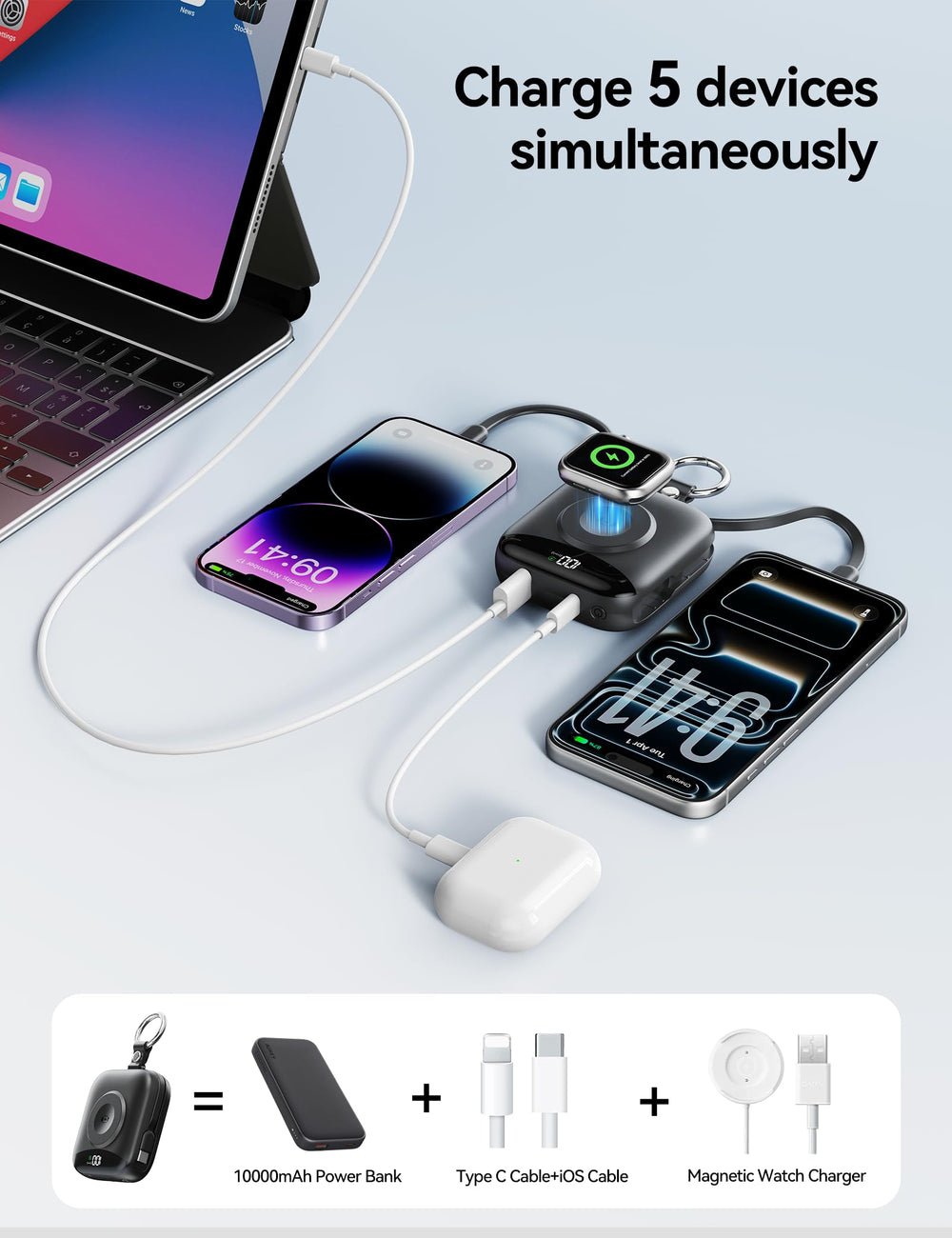 BLJIB cargando simultáneamente teléfono, tablet y Apple Watch para versatilidad