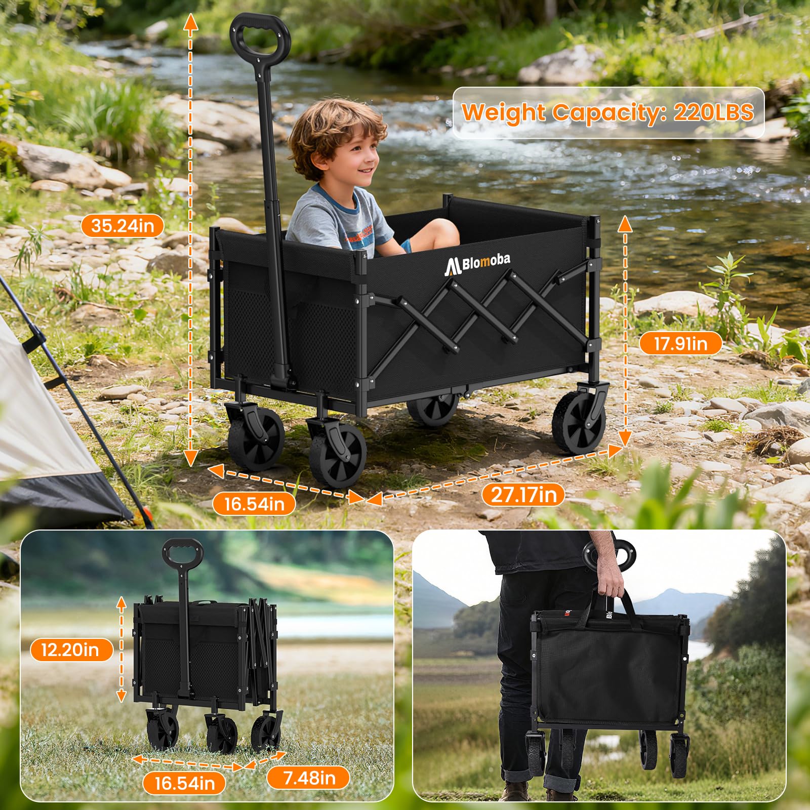 Blomoba carrito plegado en maletero ocupando poco espacio y listo para viaje