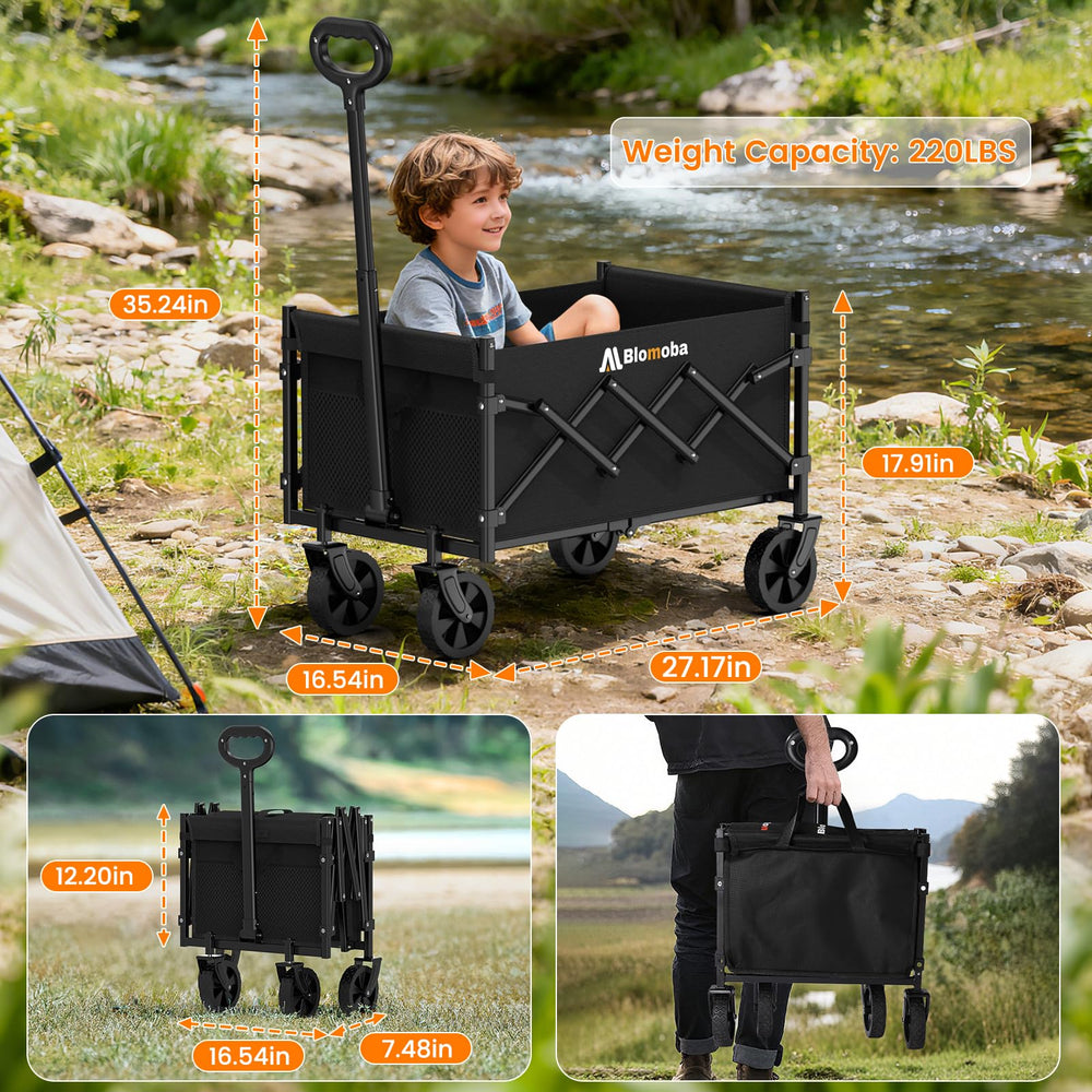 Blomoba carrito plegado en maletero ocupando poco espacio y listo para viaje