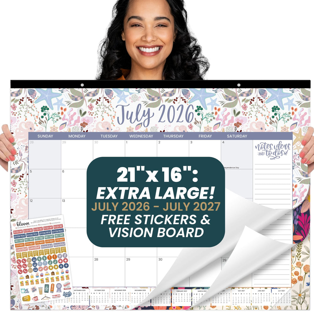 bloom calendario frontal empaquetado muestra tamaño y diseño útil