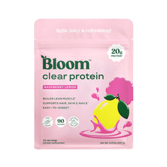 Bloom Nutrition front packaging showing Raspberry Lemonade flavor and benefits