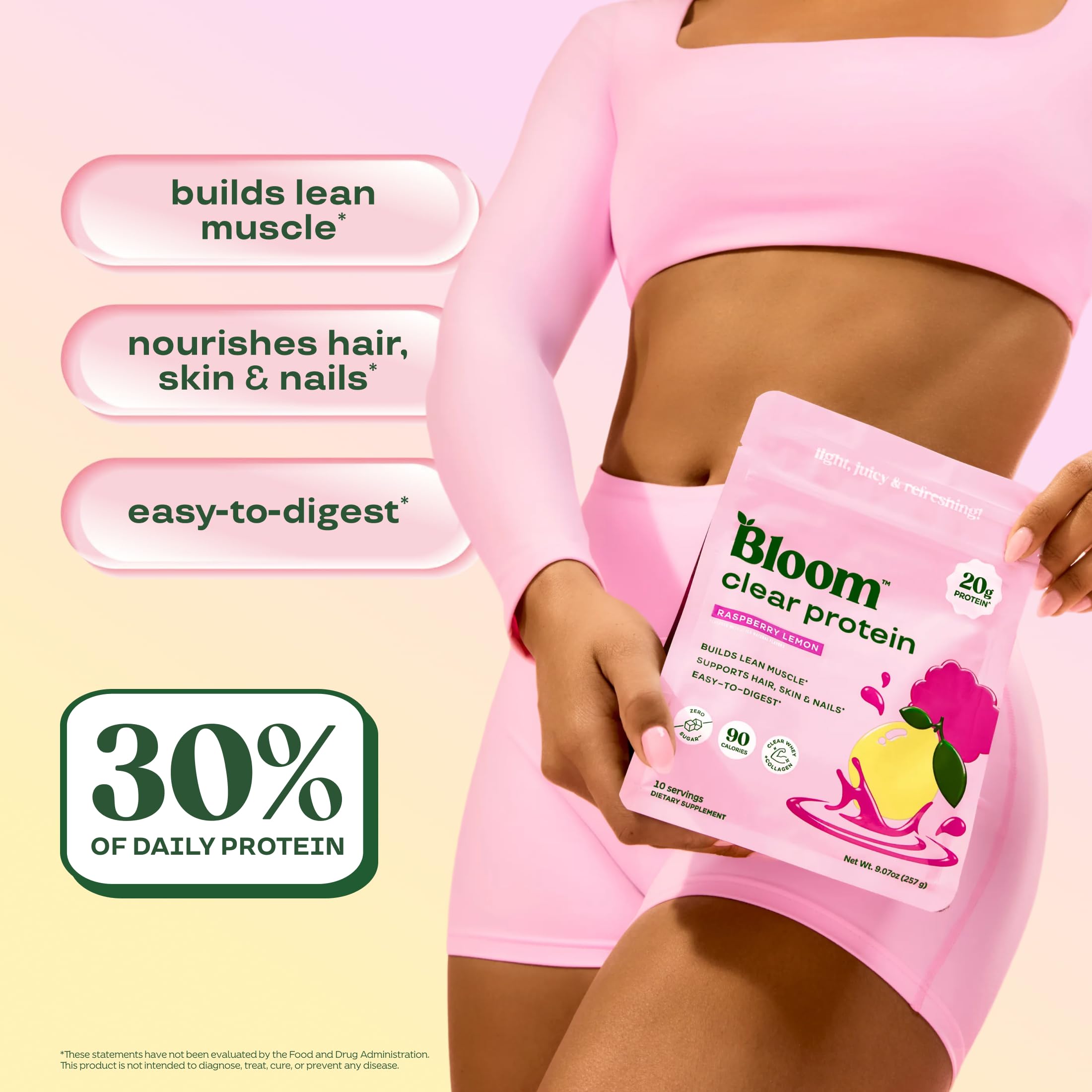 Bloom Nutrition mixed clear drink in glass showcasing refreshing juice-like clarity