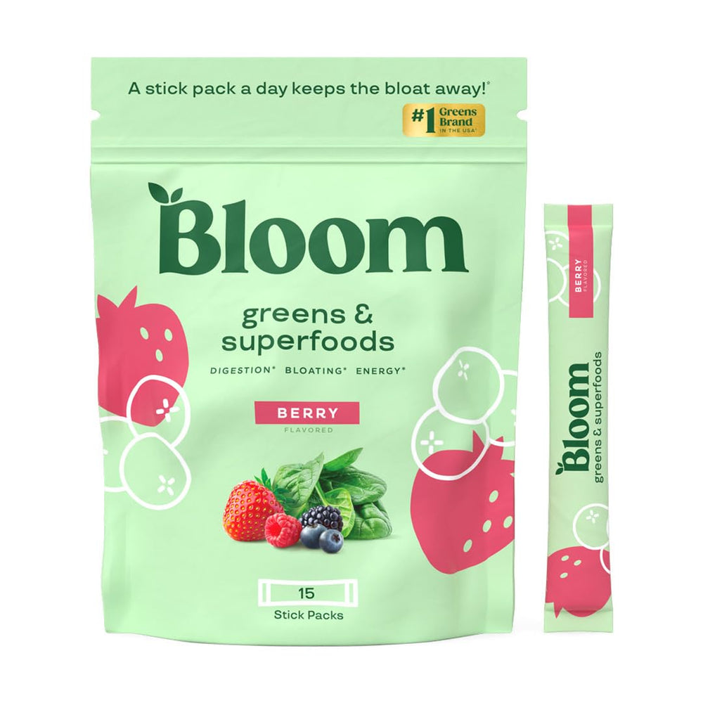 Bloom Nutrition frasco y sobre delantero mostrando presentación y facilidad de uso