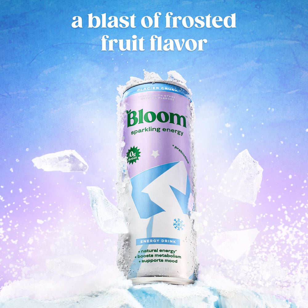 Bloom Nutrition lata abierta con burbujas y efecto refrescante visible