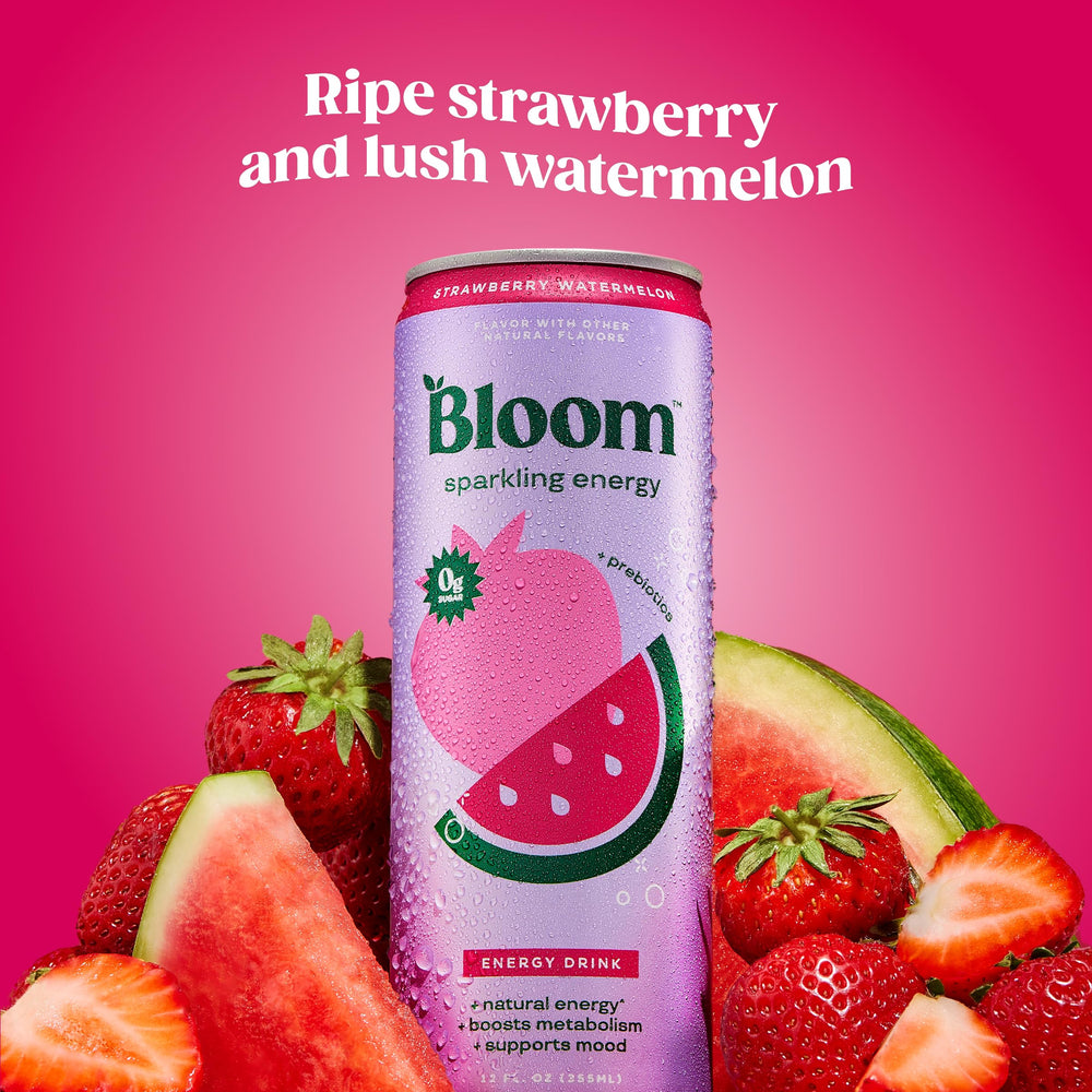 Bloom Nutrition primer plano de la textura de la lata y brillo efervescente