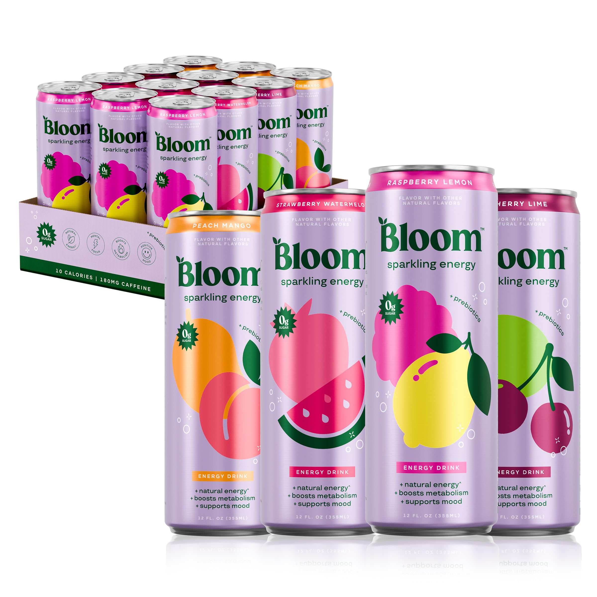 Bloom Nutrition pack frontal mostrando latas y variedad, resalta conveniencia