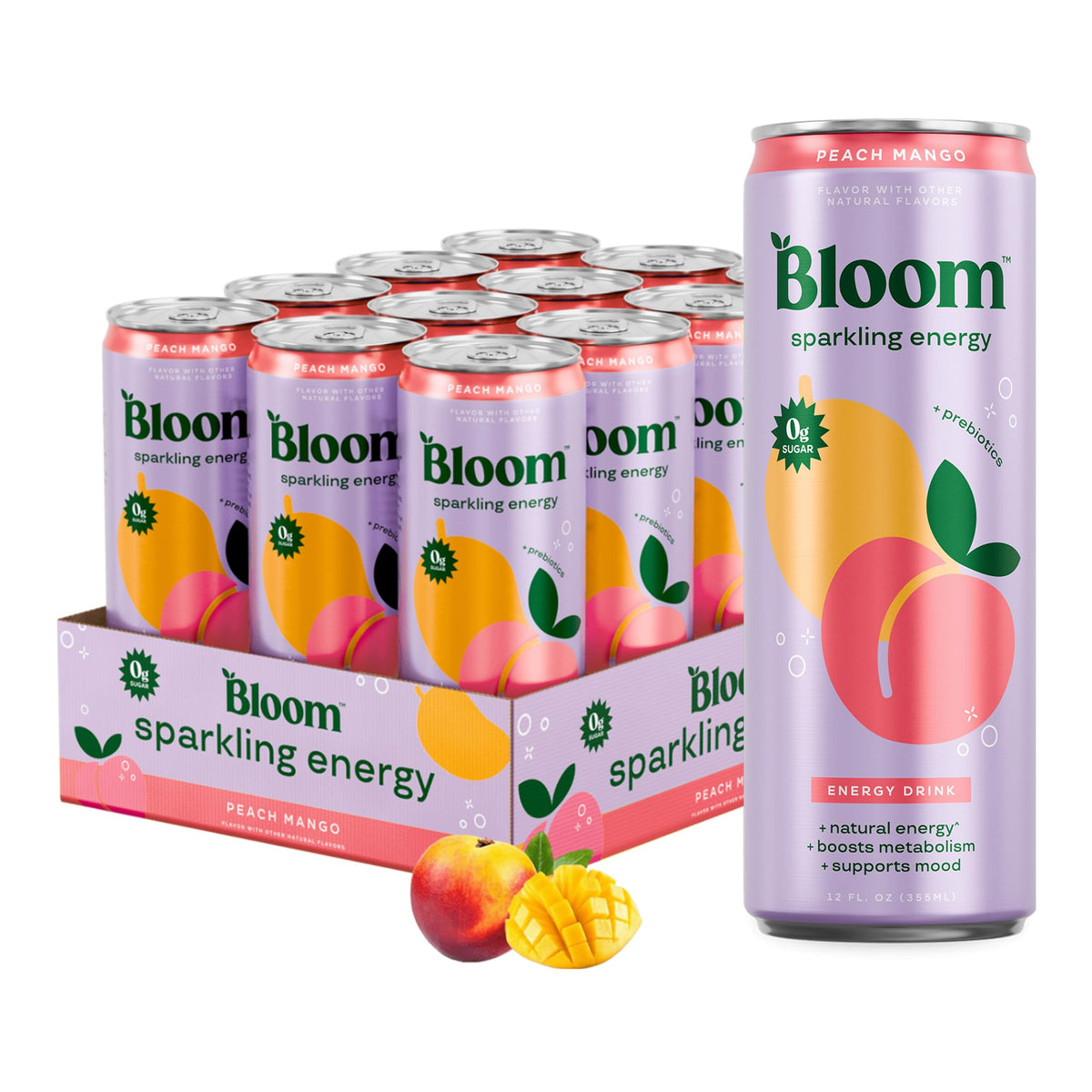 Bloom Nutrition pack frontal mostrando 12 latas, ideal para almacenamiento