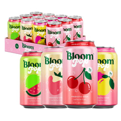 Bloom Nutrition pack frontal mostrando las 12 latas y variedad de sabores