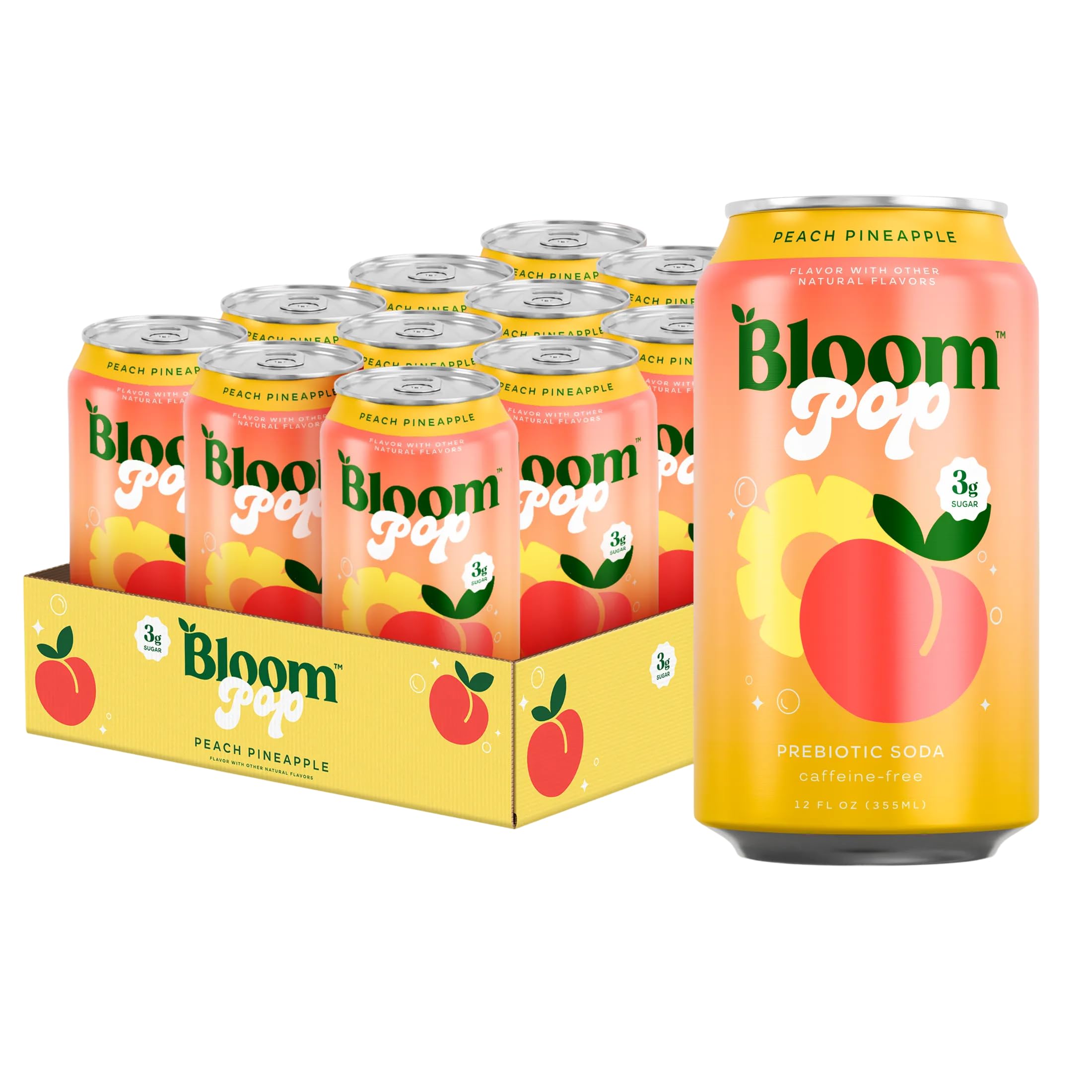 Bloom Nutrition front packaging of Peach Pineapple 12-pack showing label and cans, highlights convenience