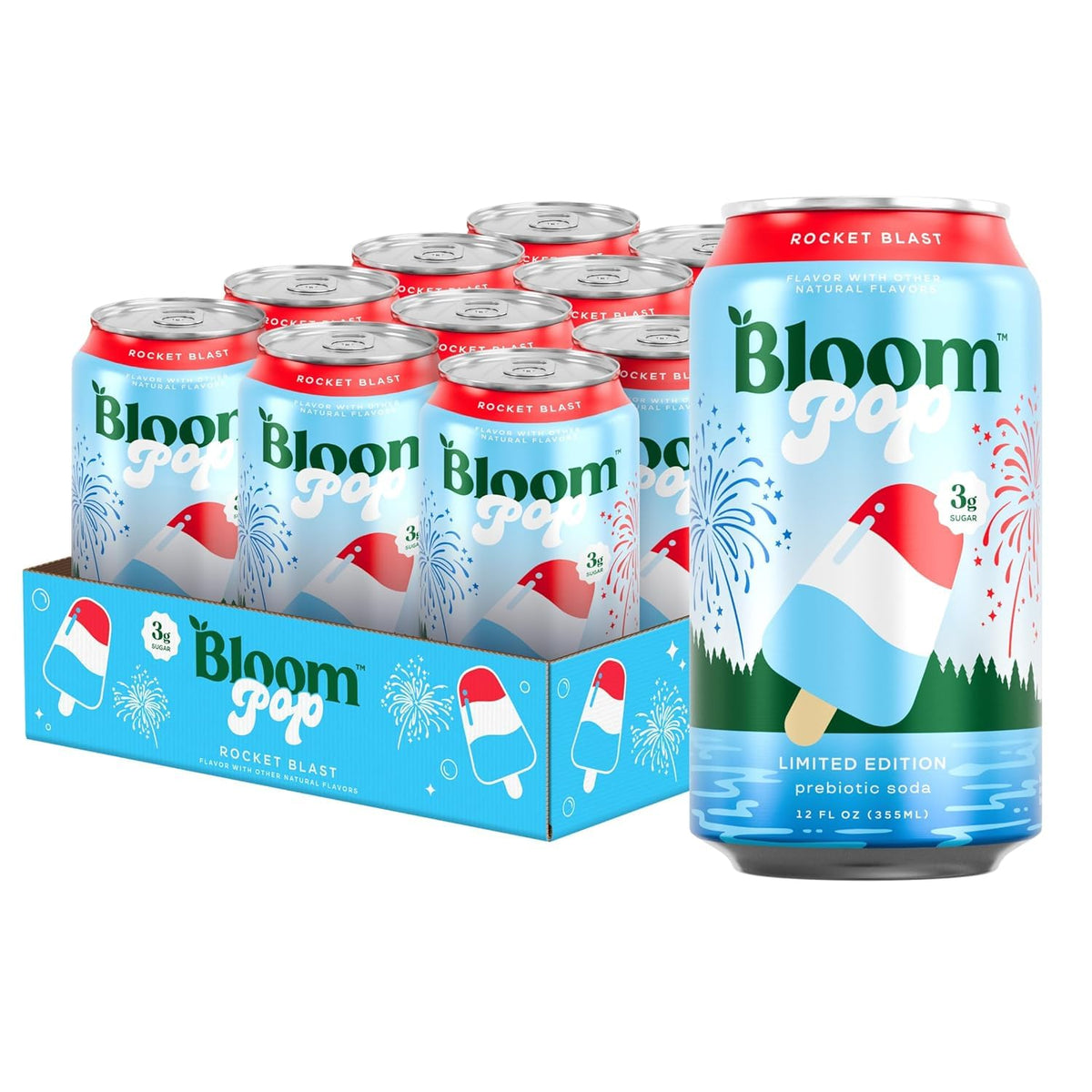 Bloom Nutrition Bloom Pop Rocket Blast front can showing branding and vibrant color, enticing refreshment