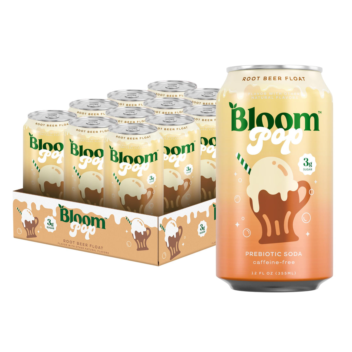 Bloom Nutrition lata frontal con etiqueta rootbeer float y diseño atractivo