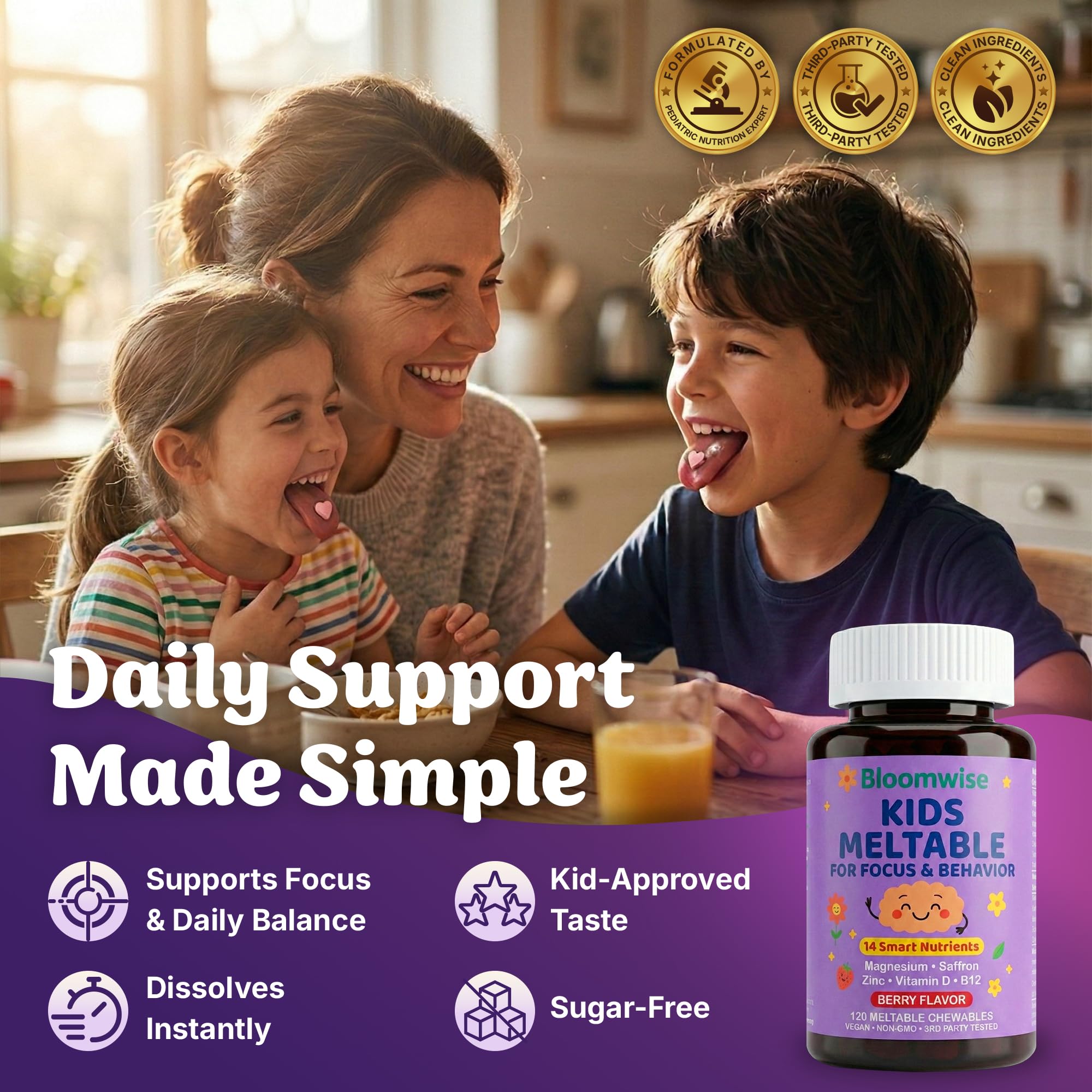 Bloomwise producto junto a desayuno infantil para rutina matinal