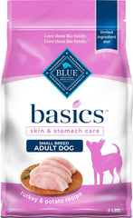 Blue Buffalo empaque frontal que muestra la receta de pavo y papa y beneficios