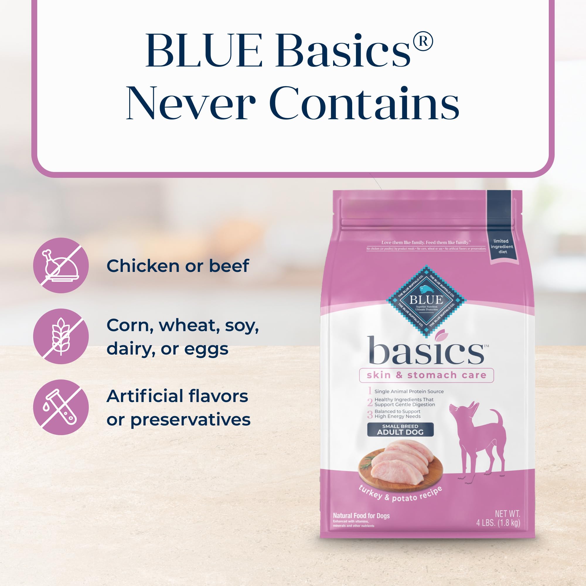 Blue Buffalo ingredientes pavo y papa para digestión suave y proteína real