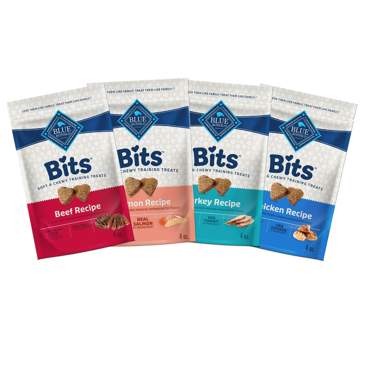 Blue Buffalo front packaging showing four 4 oz bags and variety benefits