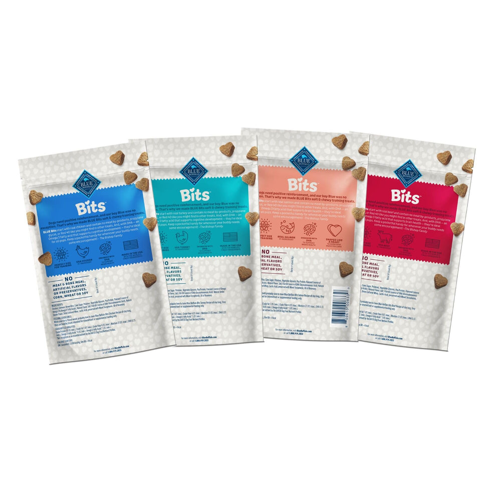 Close-up of BLUE Bits heart-shaped treats showing size and appeal