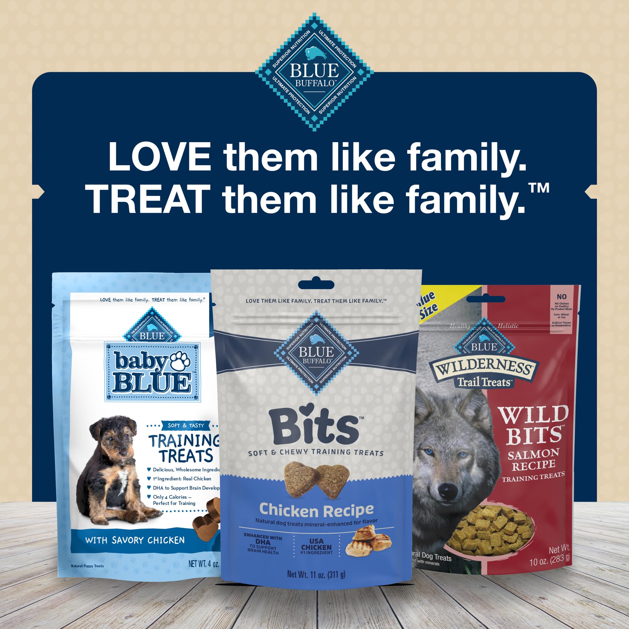 Senior dog gently chewing Blue Buffalo BLUE Bits soft training treat