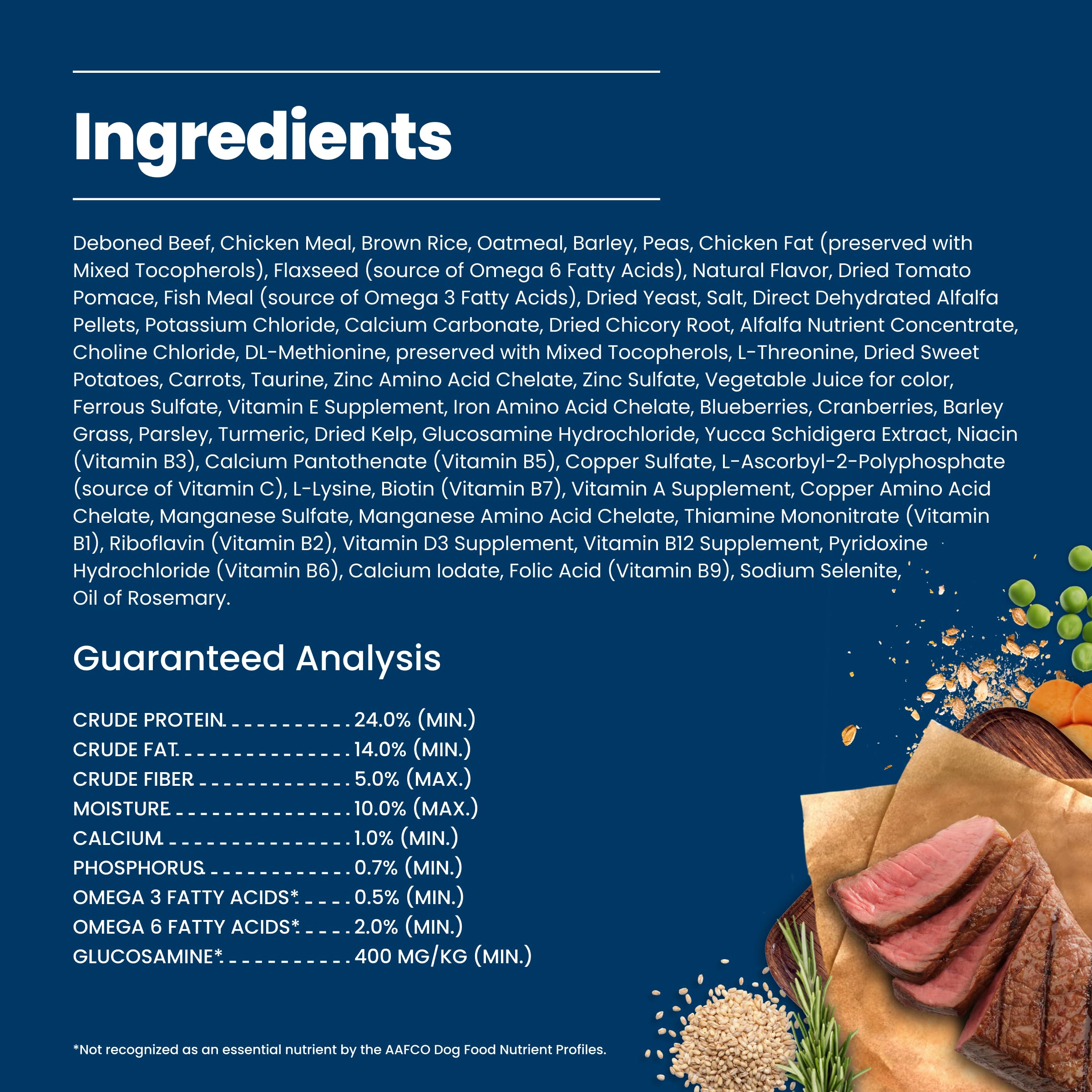 Blue Buffalo ingredientes naturales: carne, arroz integral y avena visibles