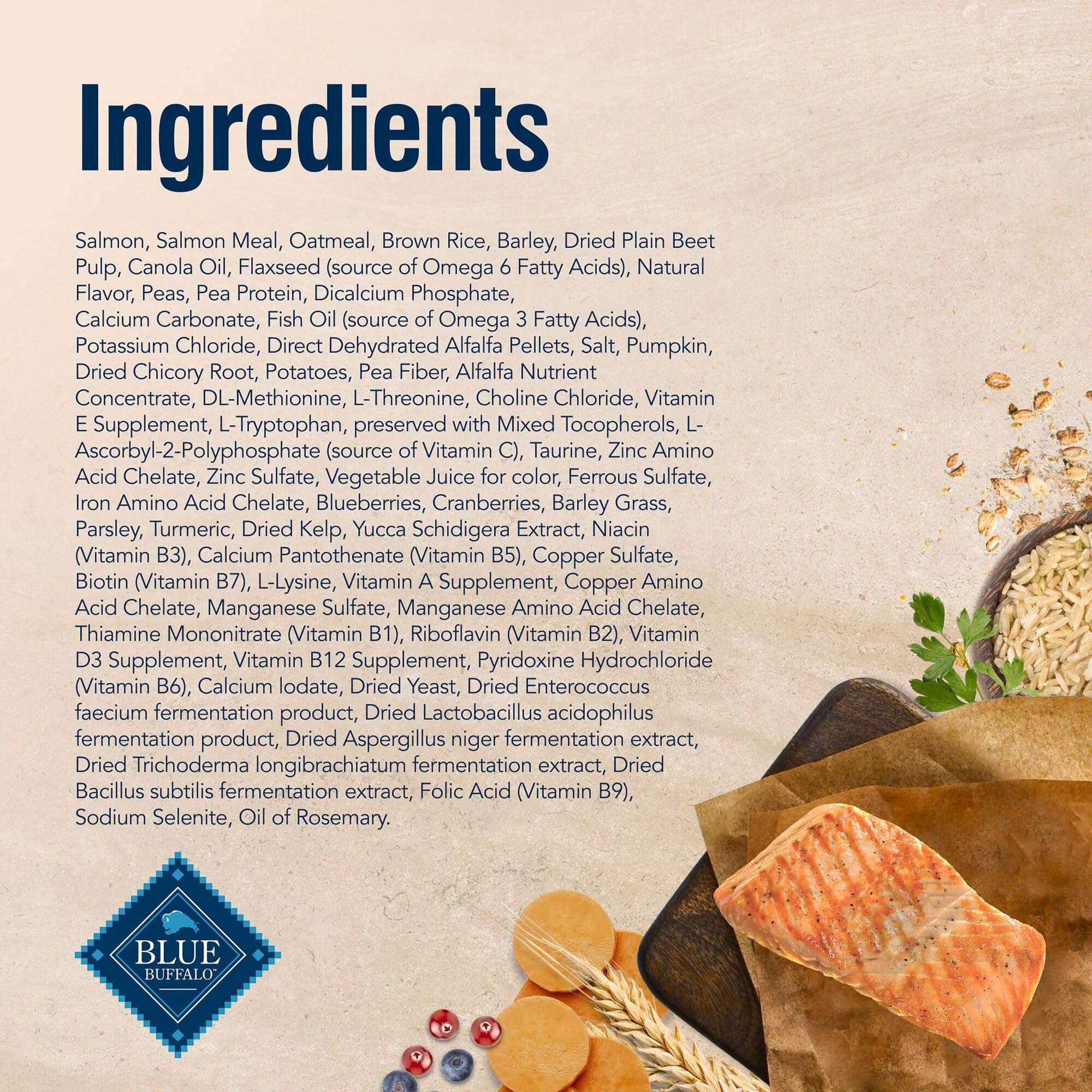 Blue Buffalo etiqueta nutricional detallada indicando ingredientes clínicamente seleccionados