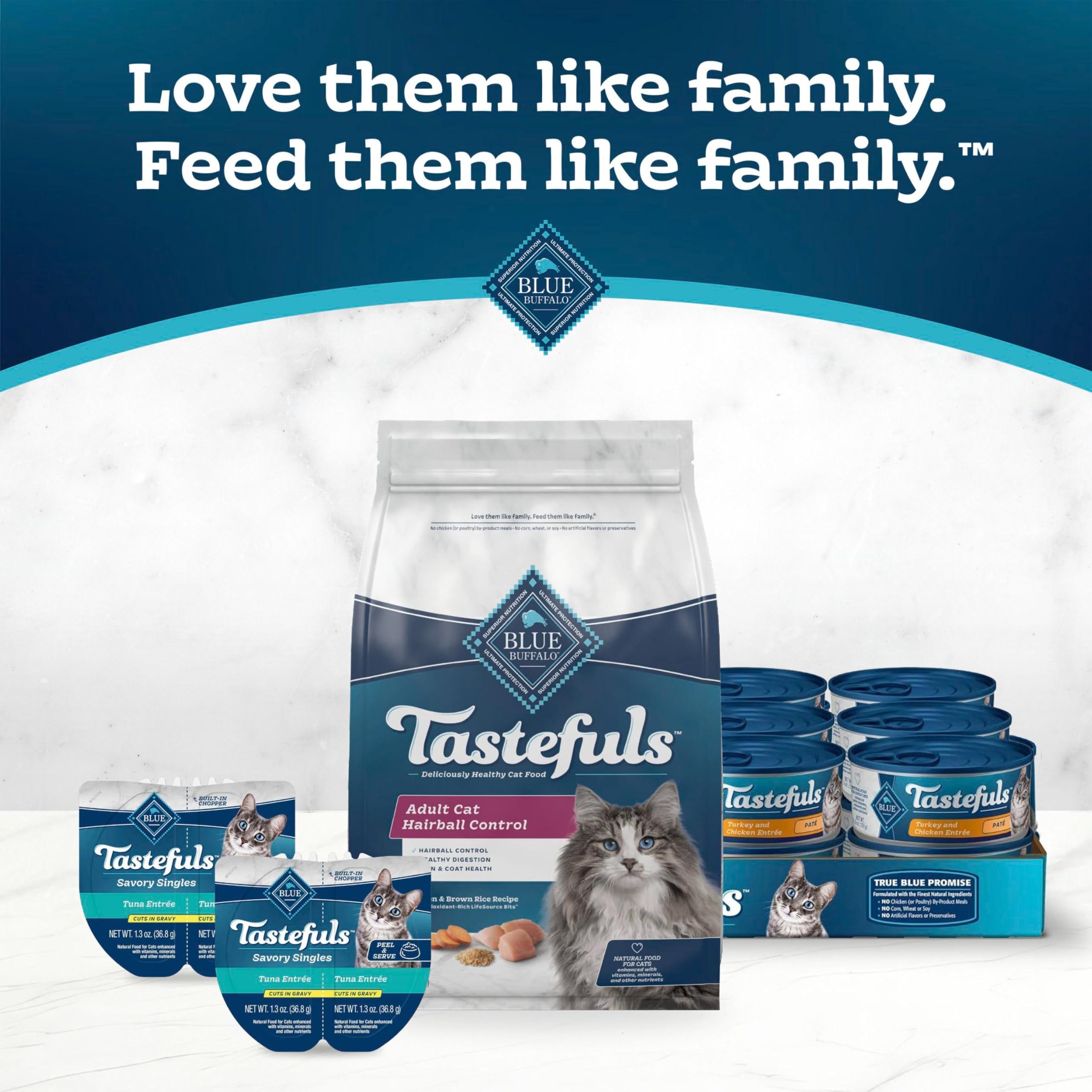 Blue Buffalo escena hogareña con gato feliz cerca del alimento