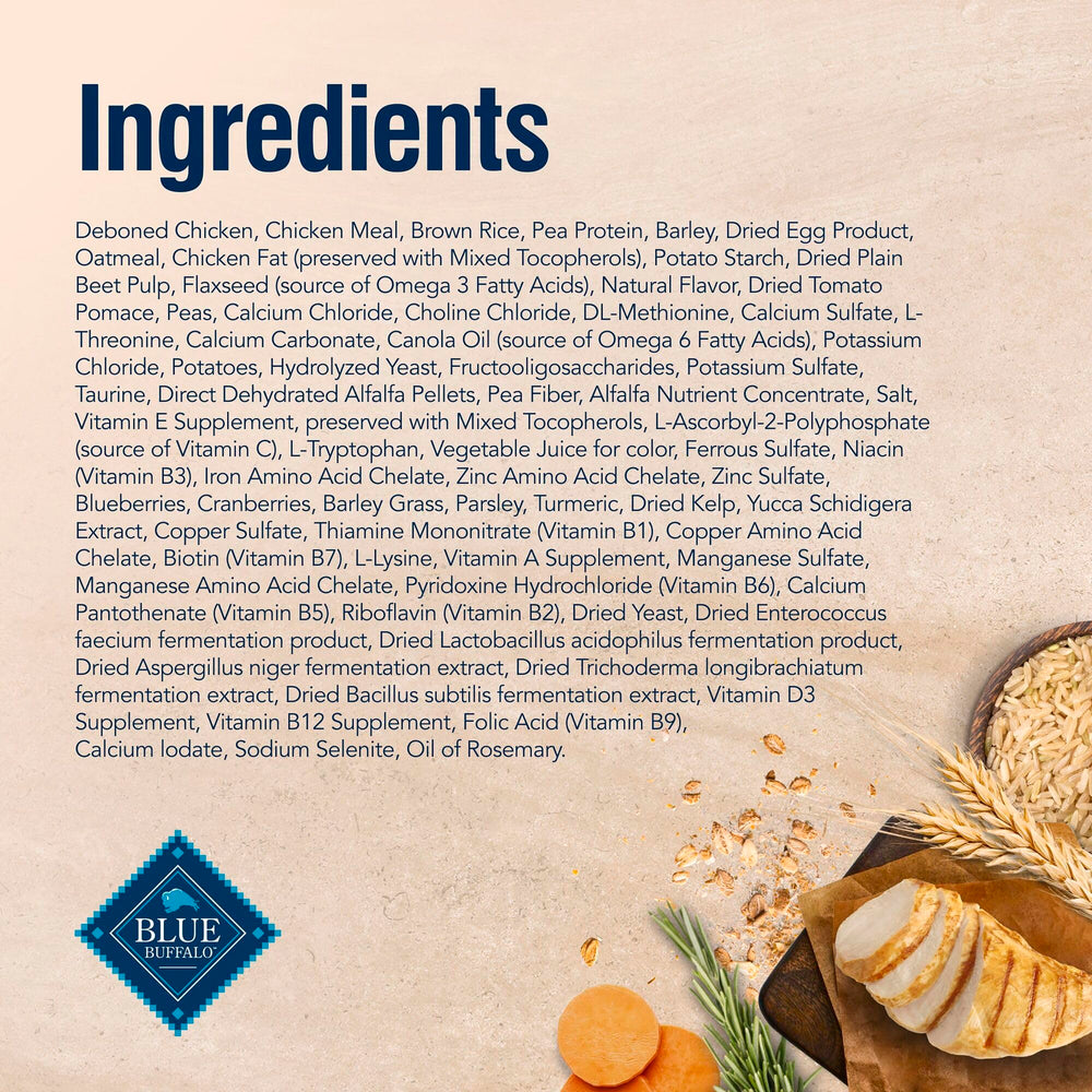 Blue Buffalo etiqueta con tabla nutricional e ingredientes clave legibles