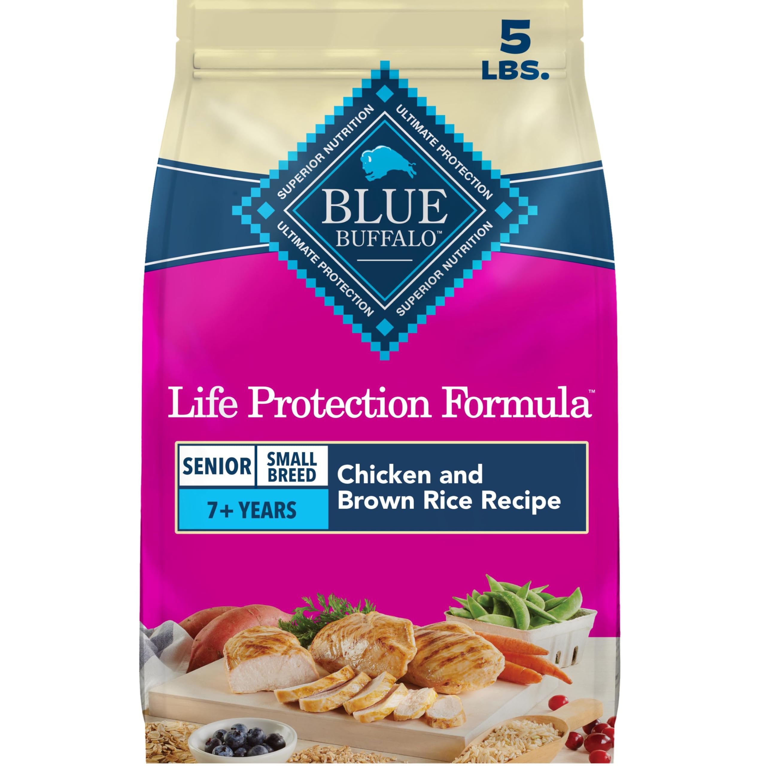 Blue Buffalo frente del paquete mostrando fórmula para perros pequeños senior y beneficios