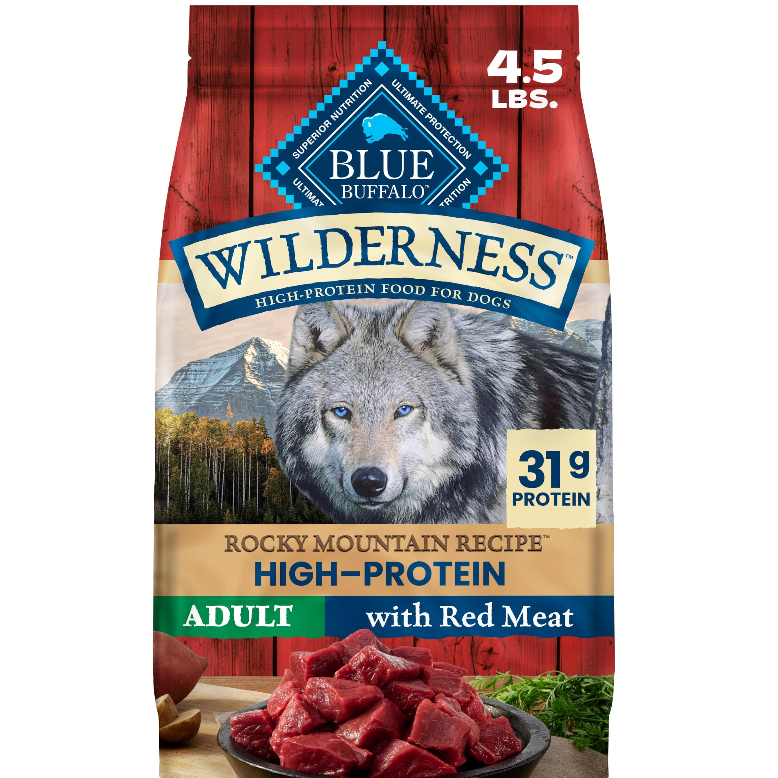 Blue Buffalo paquete frontal mostrando receta Rocky Mountain y beneficios proteicos