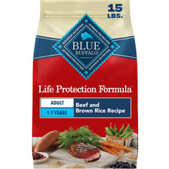 Blue Buffalo paquete frontal 15 lb mostrando marca y beneficios nutricionales