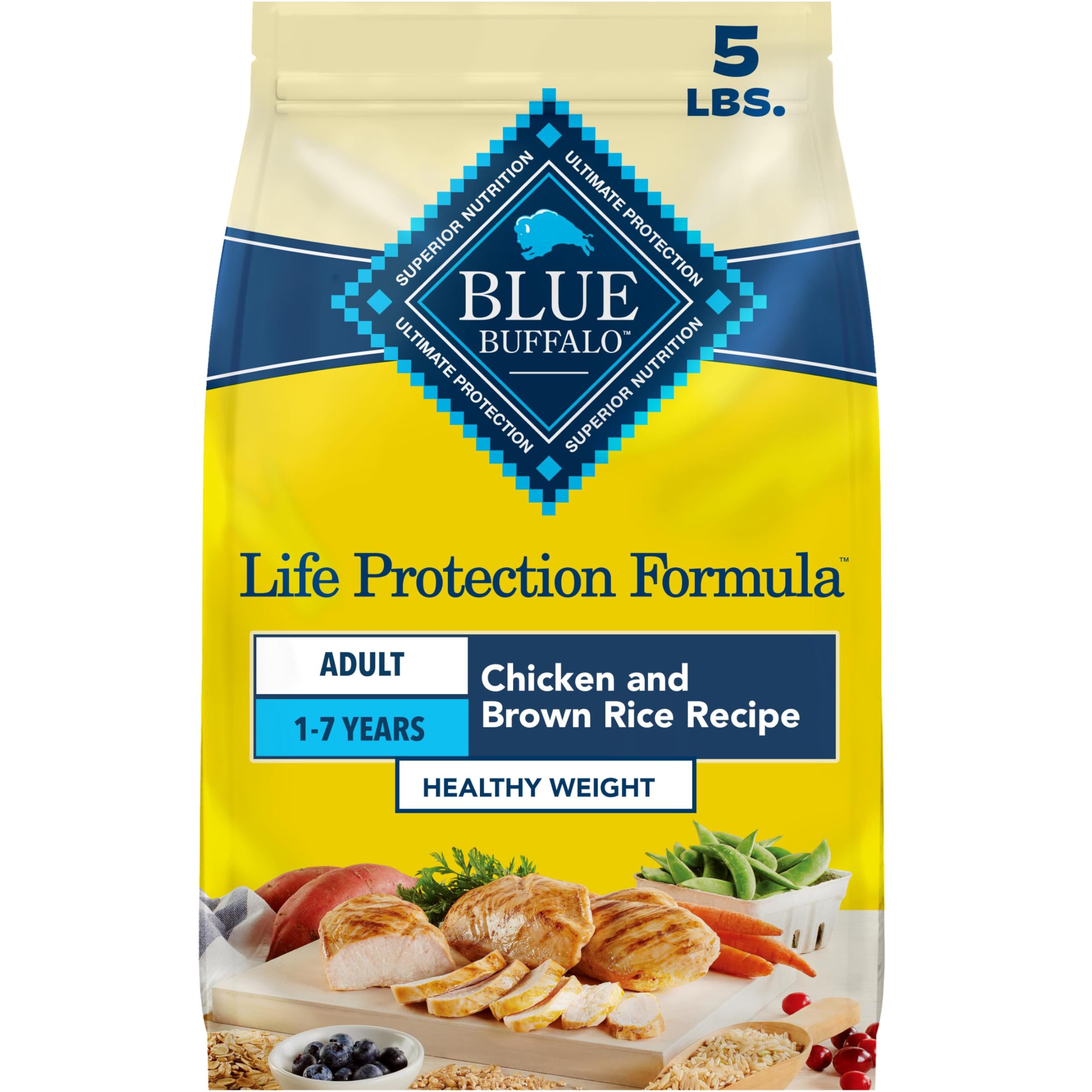 Blue Buffalo empaque frontal 5 lb mostrando fórmula Healthy Weight y beneficios