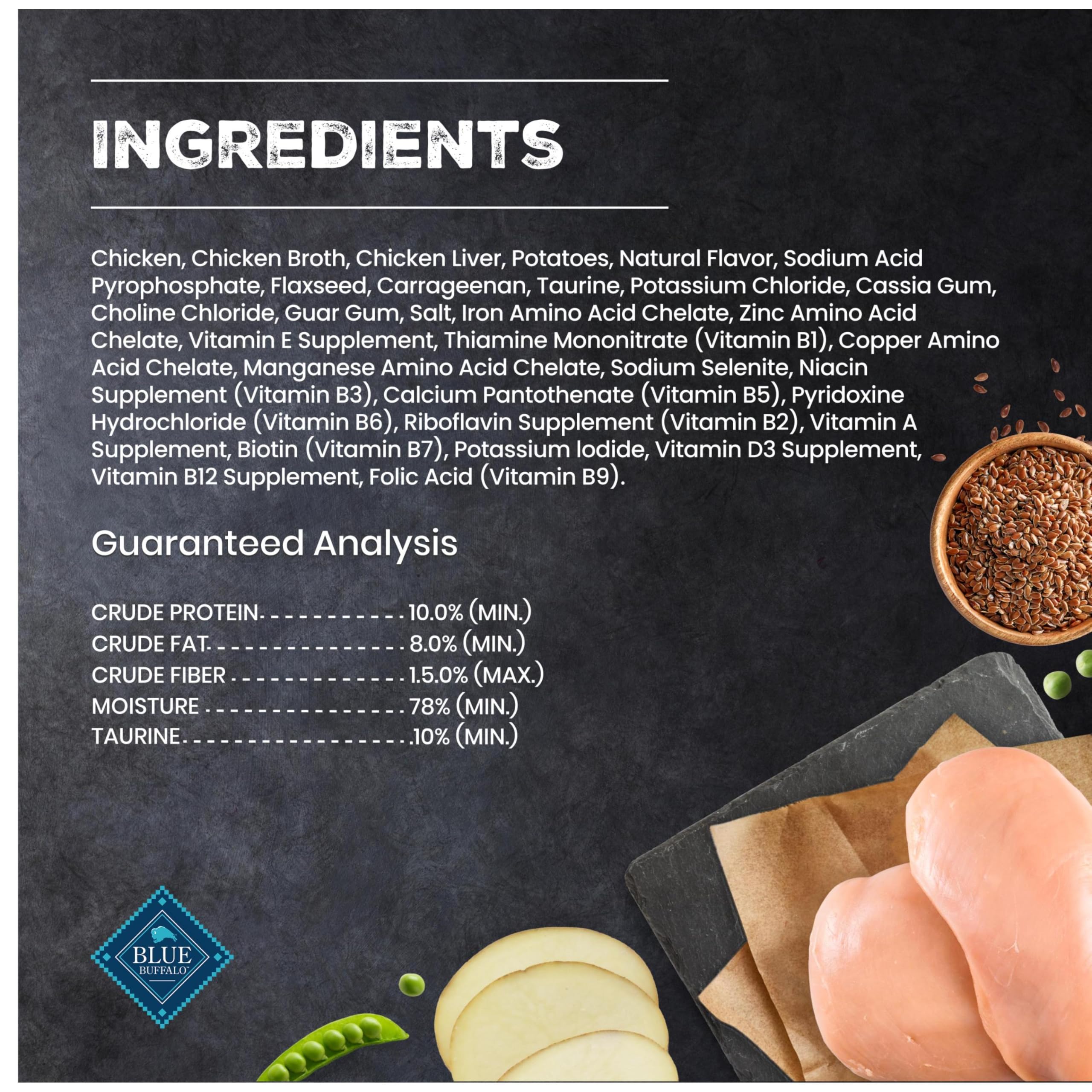 Blue Buffalo etiqueta nutricional clara mostrando ingredientes clave
