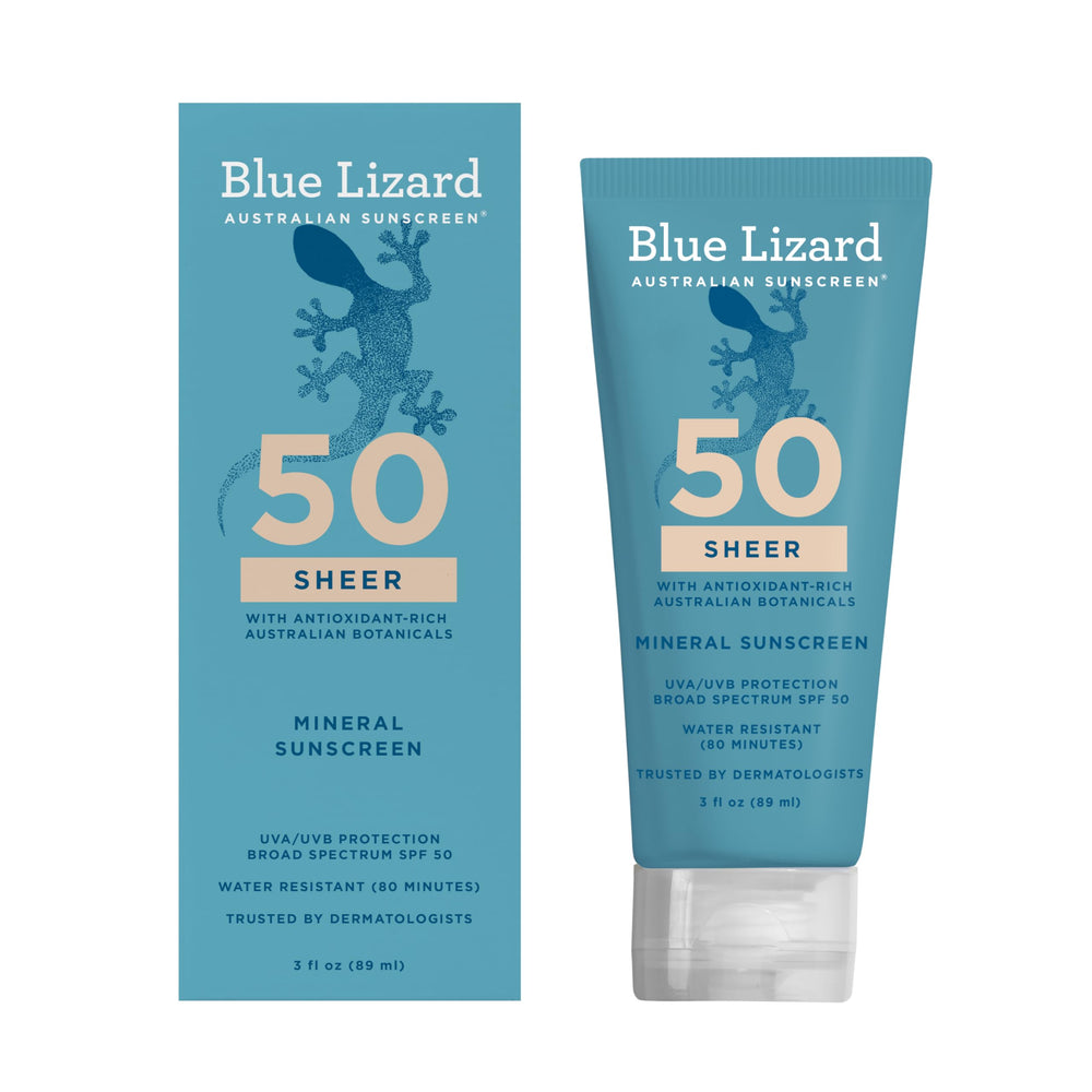 Blue Lizard envase frontal mostrando SPF 50 y diseño claro, protección alta