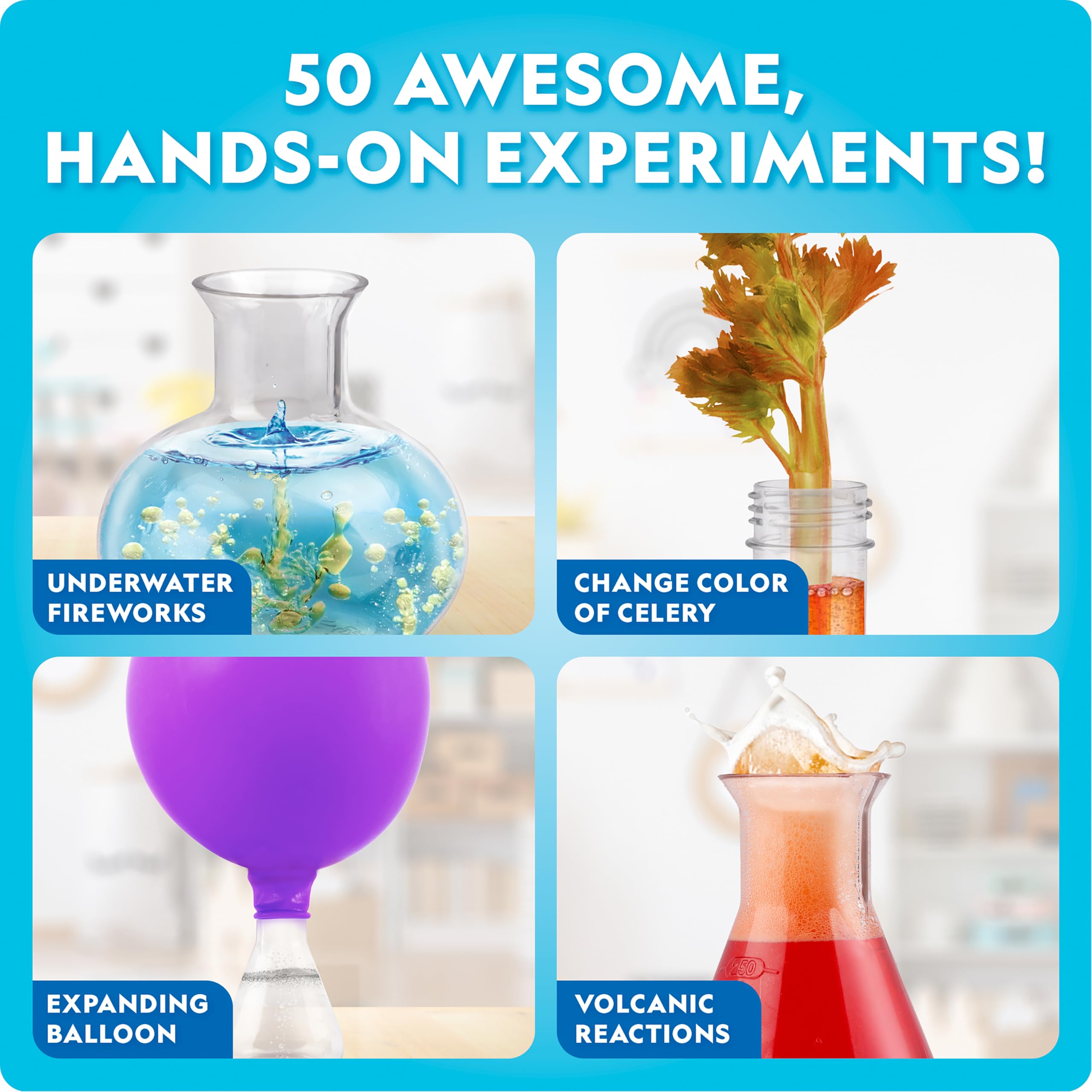 Blue Marble niño realizando un experimento para aprender química de forma lúdica