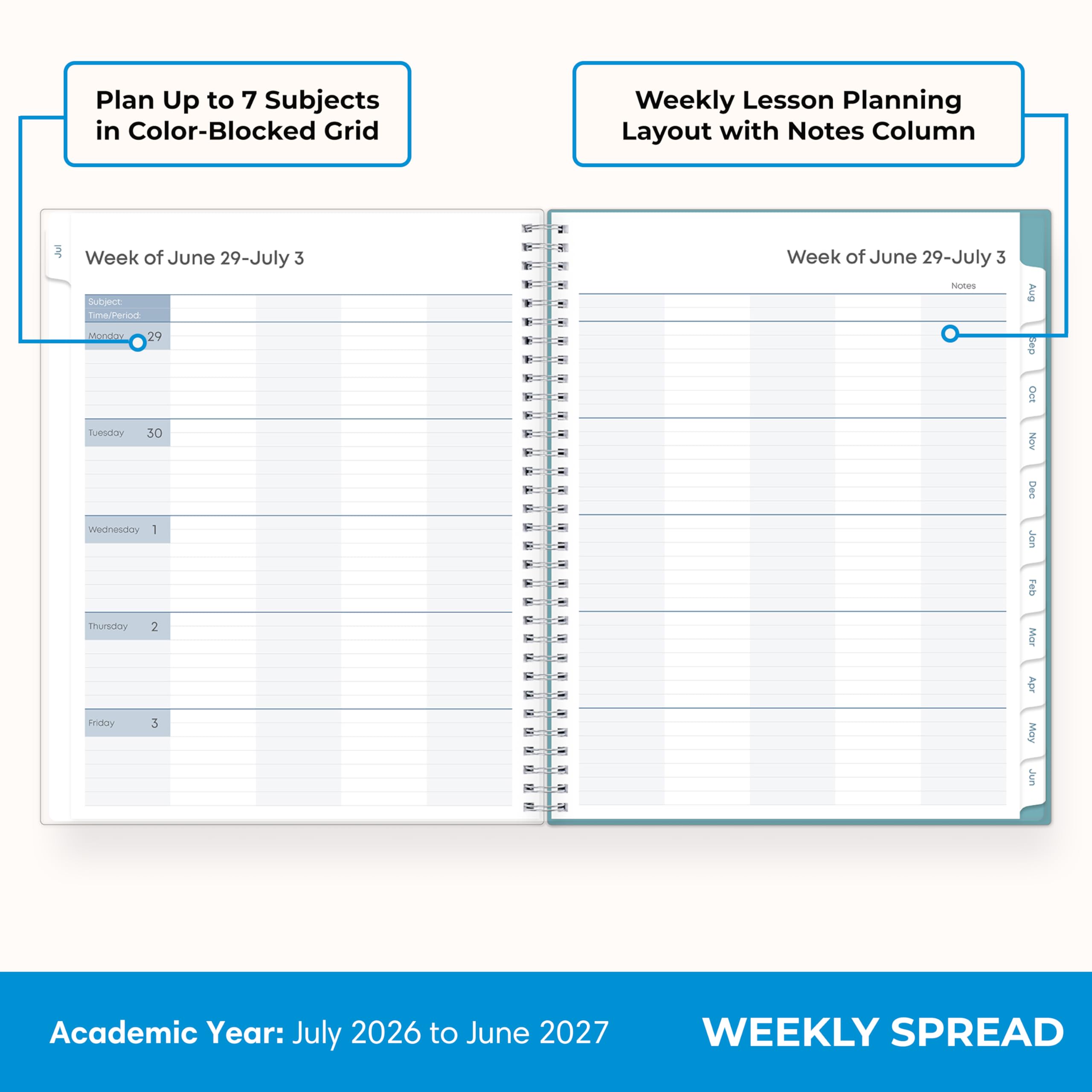 Blue Sky vista semanal con espacio para tareas y horarios