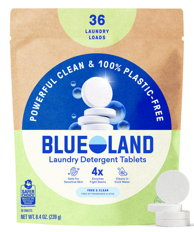 BLUELAND caja frontal mostrando 36 tabletas sin plástico beneficio ecológico