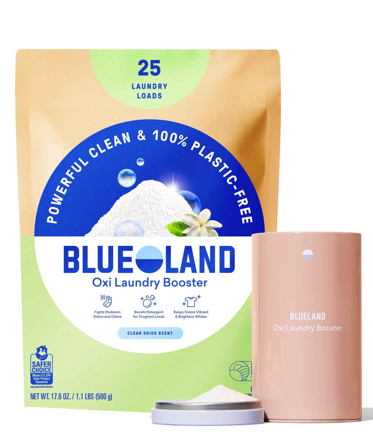 BLUELAND paquete frontal del polvo potenciador mostrando tamaño y marca