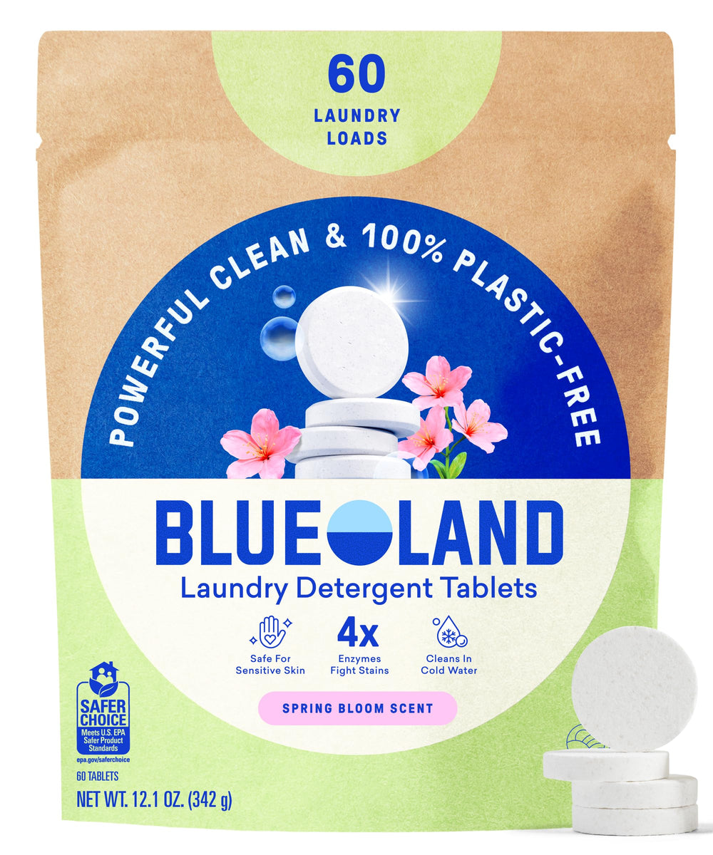 BLUELAND presentación frontal del empaque que destaca 60 pastillas y sin plástico