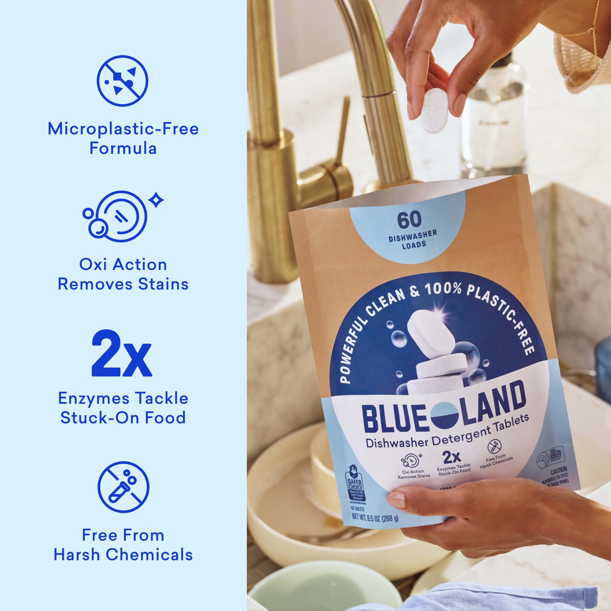 BLUELAND textura de la pastilla en primer plano mostrando ingredientes sólidos