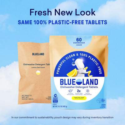 BLUELAND tablet dissolving in water showing fast-acting cleaning release