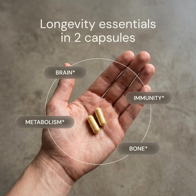 Blueprint Bryan Johnson capsules on a spoon displaying serving size and scale for convenience