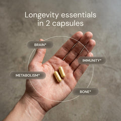 Blueprint Bryan Johnson capsules on a spoon displaying serving size and scale for convenience