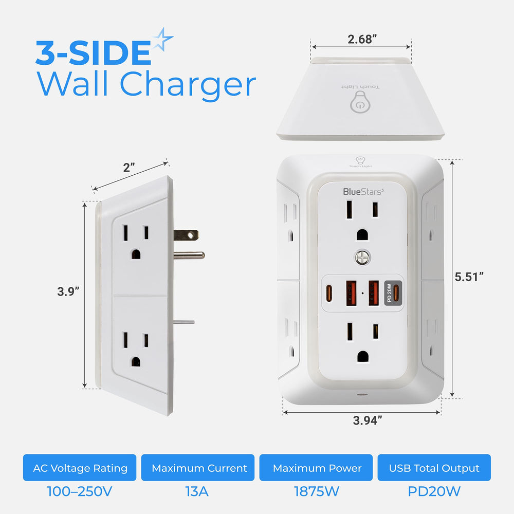 BlueStars detalle de puertos USB-C y USB-A, carga rápida y múltiple segura