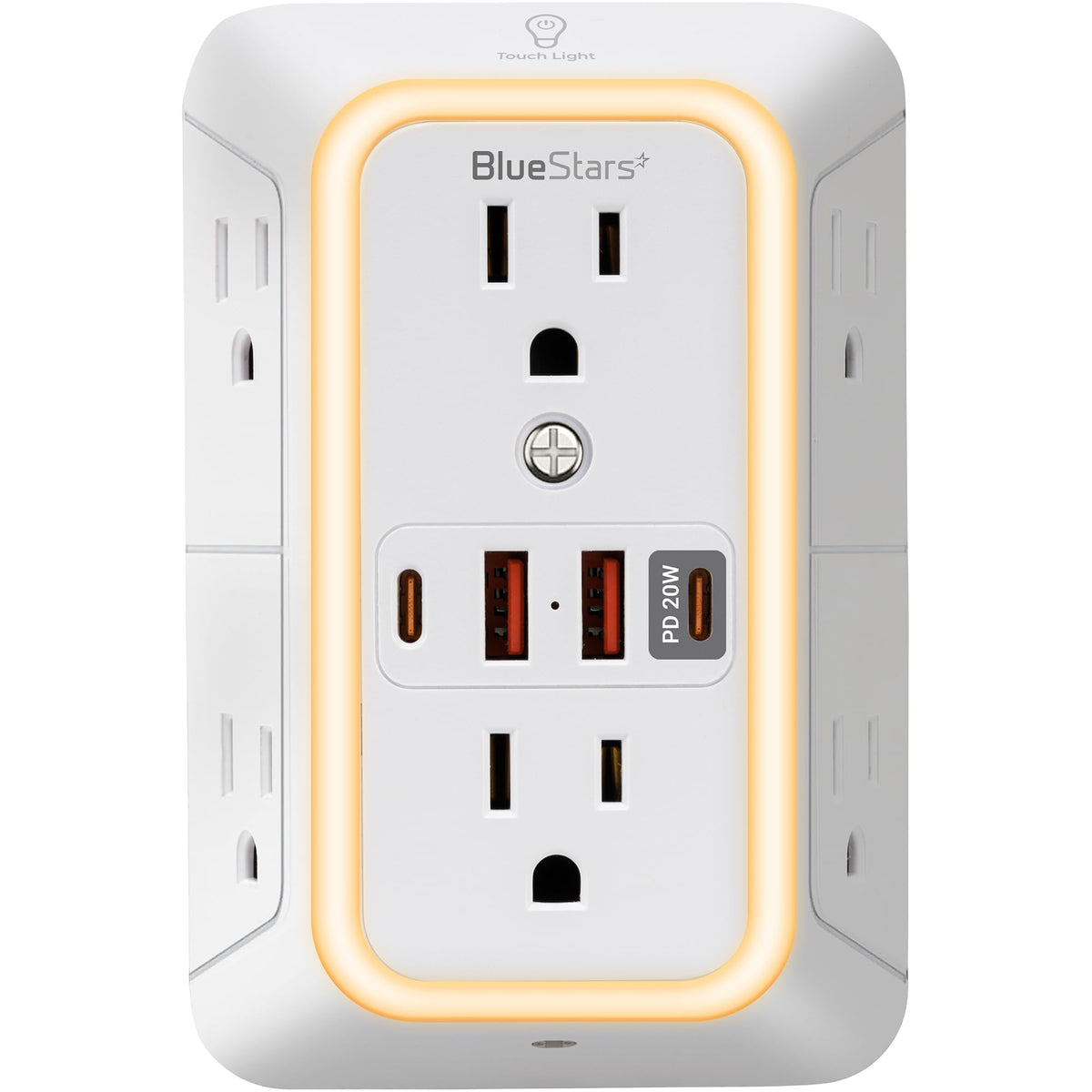 BlueStars vista frontal de la regleta con enchufes y USB, organiza y carga dispositivos