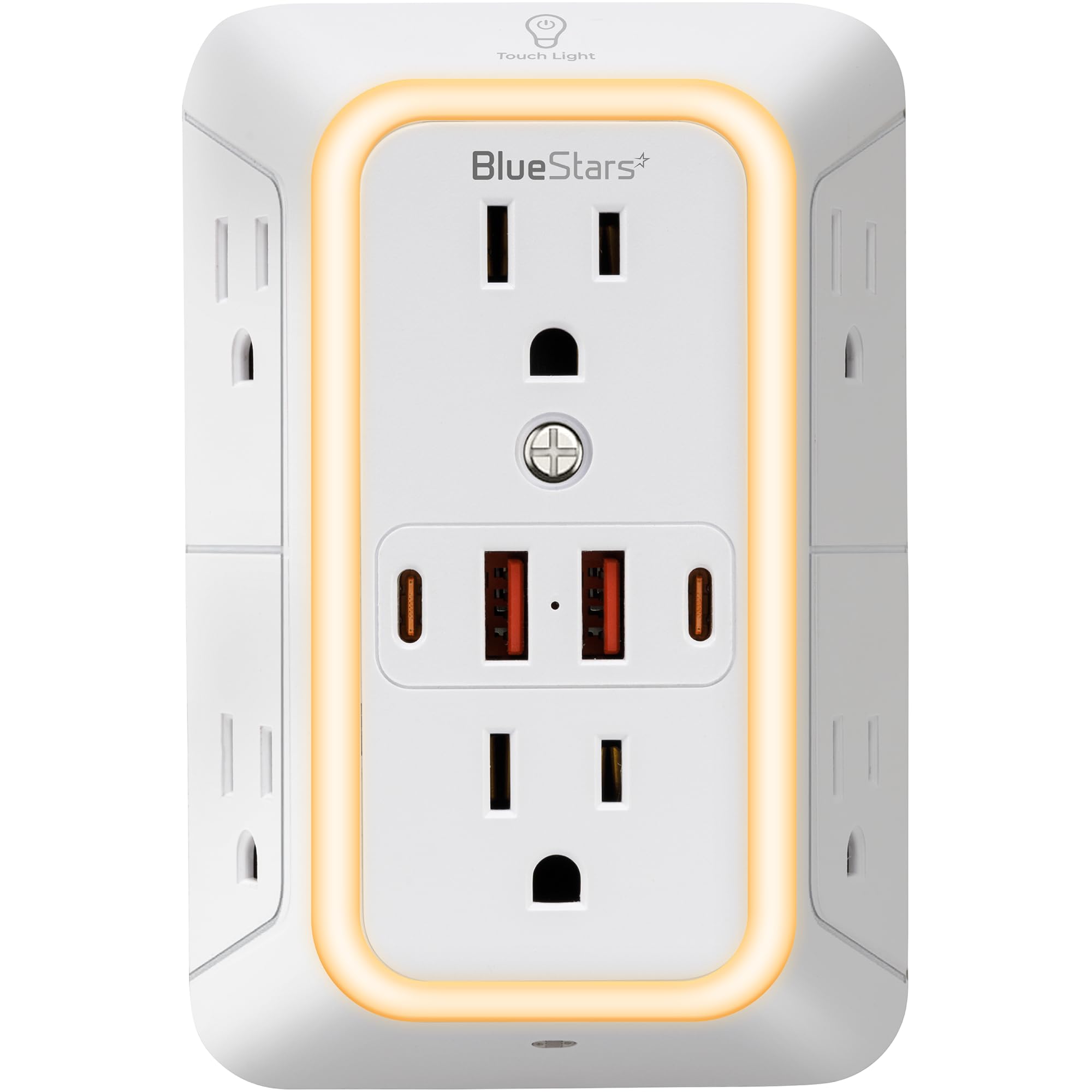 BlueStars regleta frontal mostrando 6 enchufes y 4 puertos USB para carga ordenada