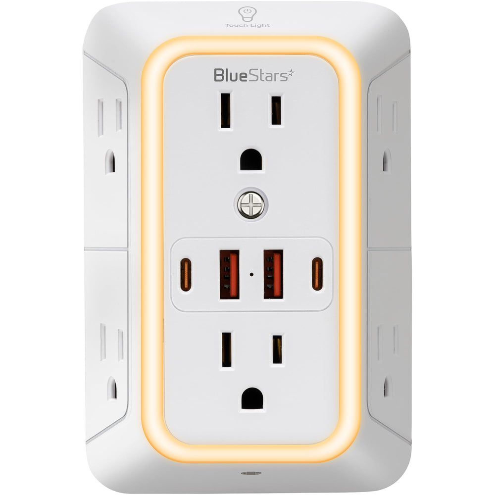 BlueStars regleta frontal mostrando 6 enchufes y 4 puertos USB para carga ordenada