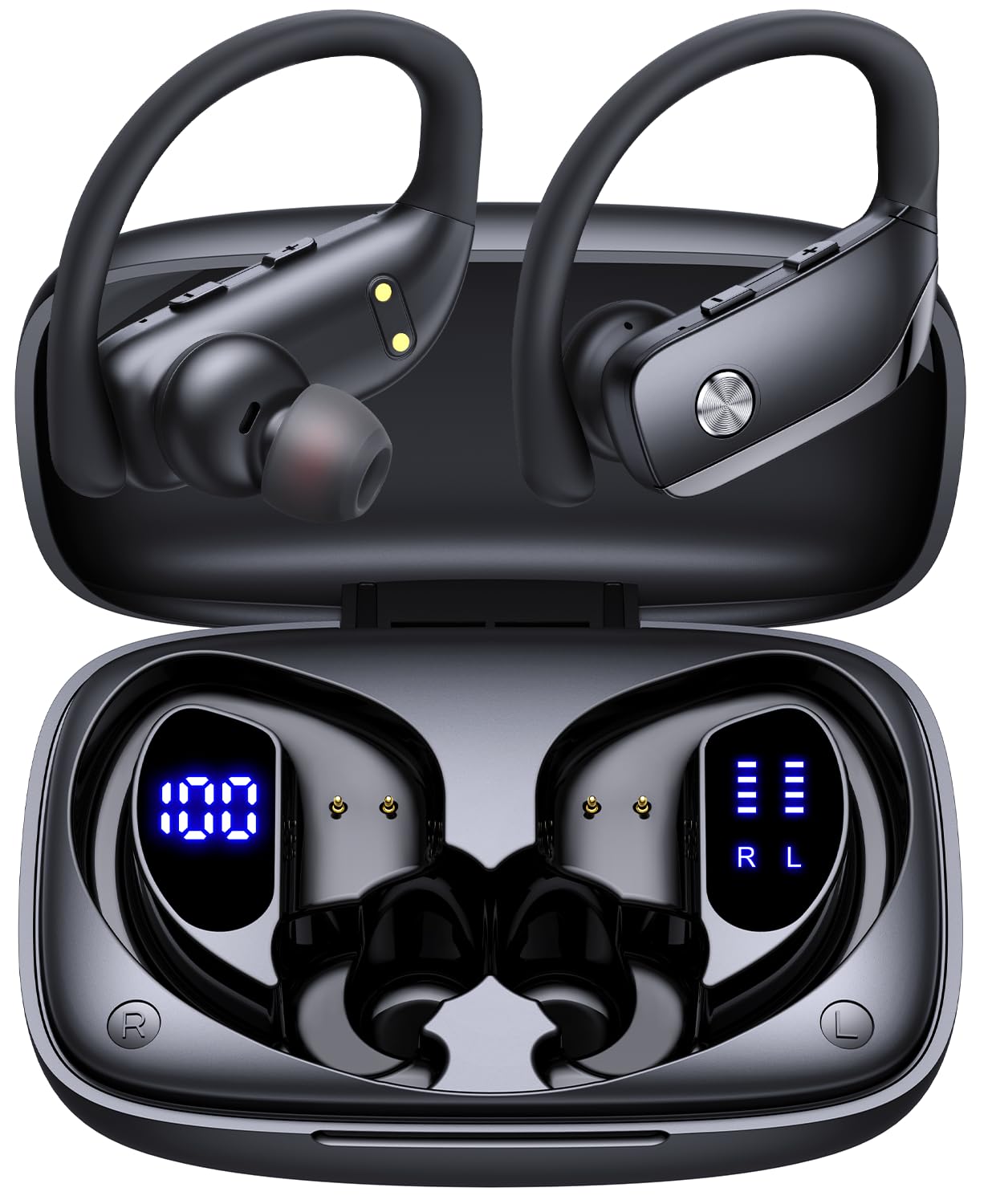 bmanl auriculares frontales con estuche mostrando diseño y portabilidad