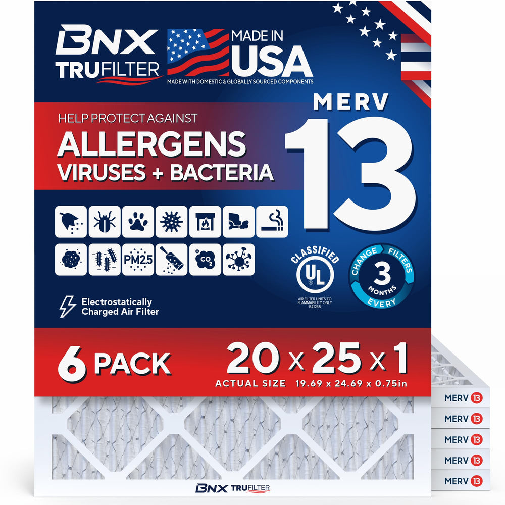 BNX empaque frontal del filtro mostrando dimensiones y beneficios