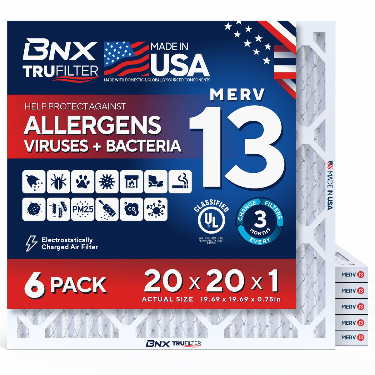 BNX TruFilter front packaging showing model and MERV 13 benefit